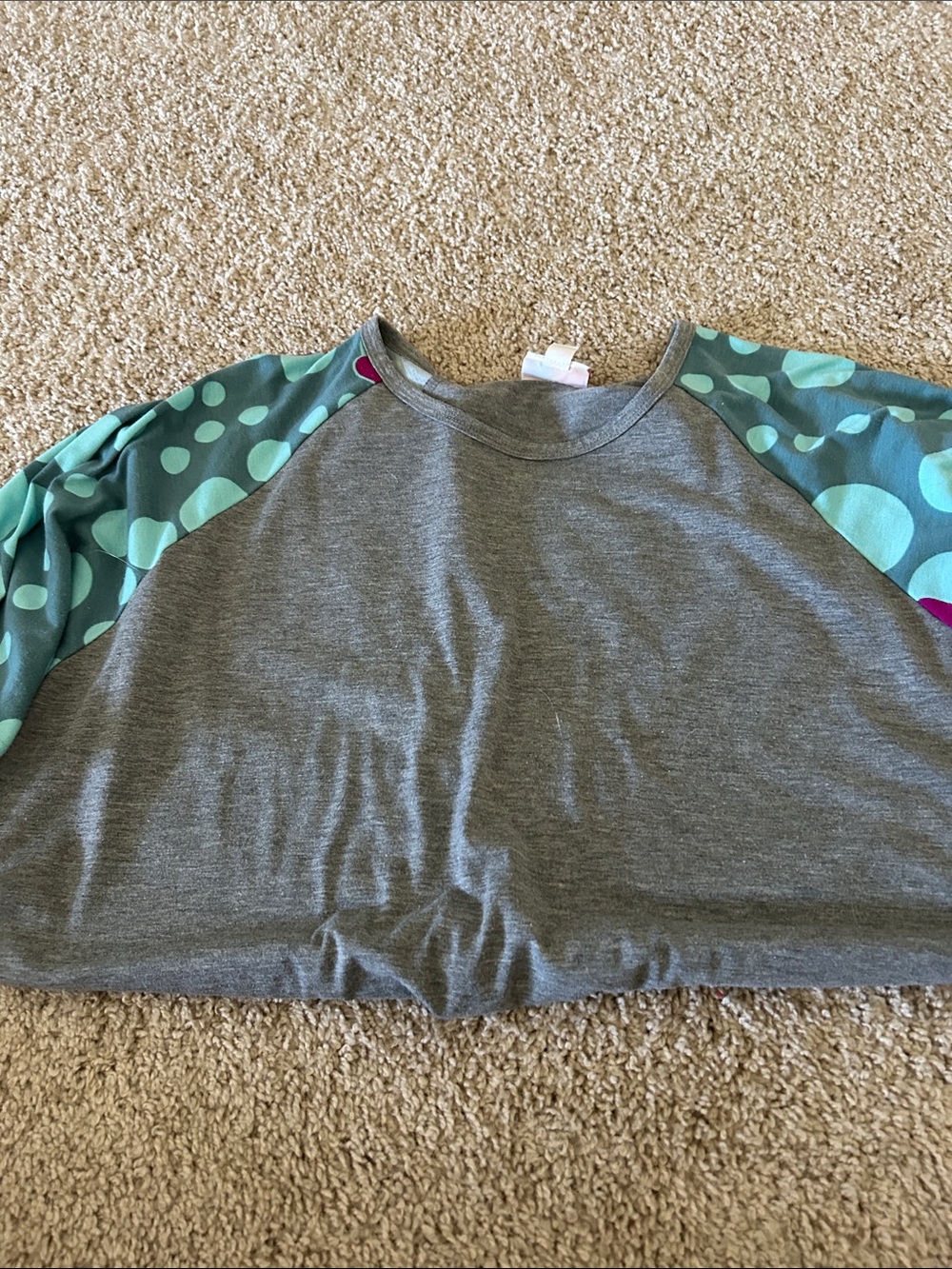 LuLaRoe Gray Top with Teal Polka Dot Sleeves